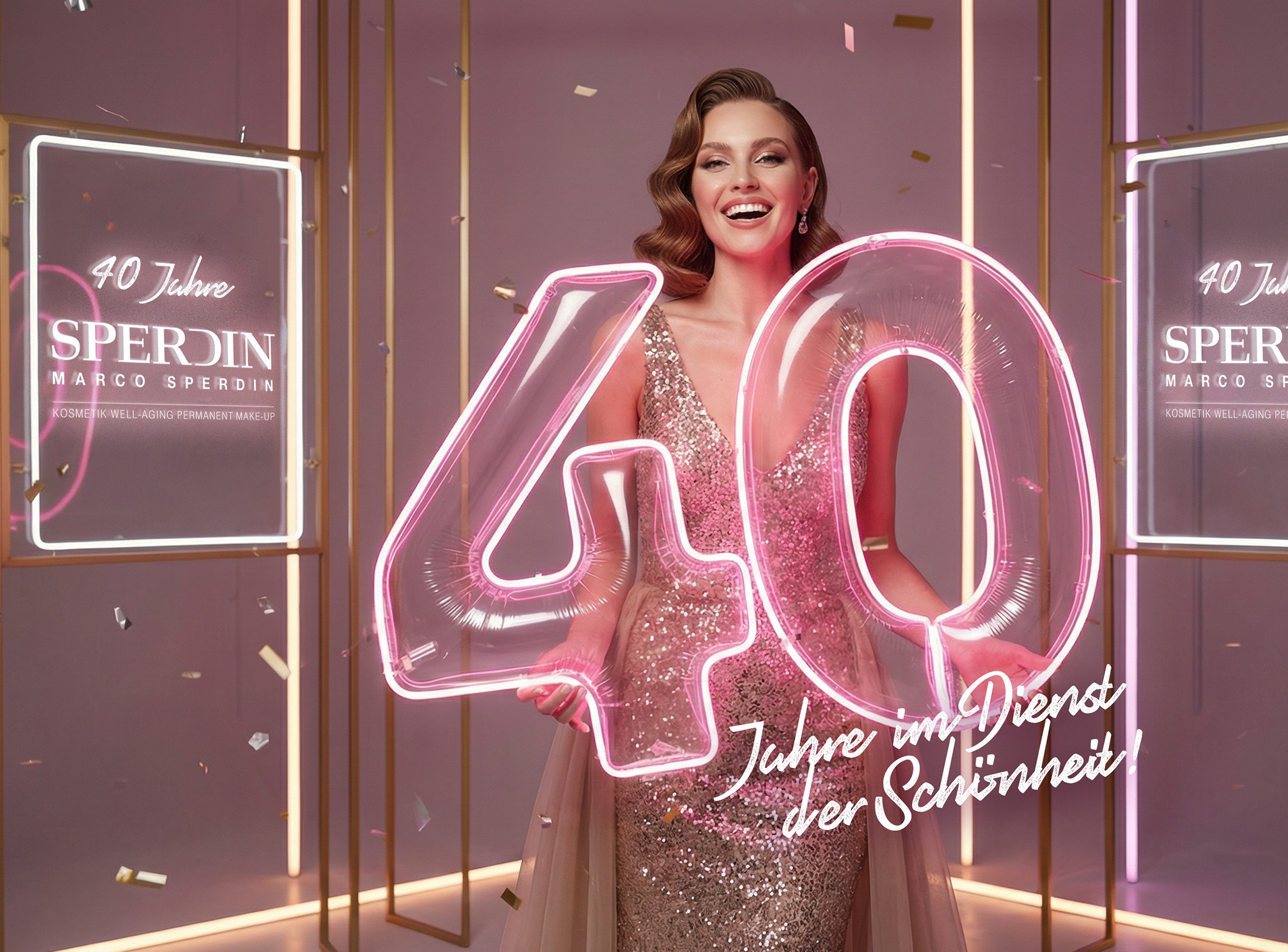 Person in glitzerndem Kleid steht hinter leuchtender Zahl 40 mit Schriftzug "Jahre im Dienst der Schönheit" vor zwei beleuchteten Bannern mit Texten zu 40 Jahre Sperdin Marco Sperdin